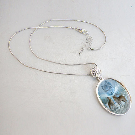 Sky Wolves Howling Silver Plated Mother of Pearl Jewelry Pendant Necklace - 44035-1