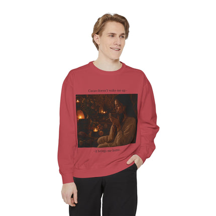 Cozy Candlelit Photo Sweatshirt — "Cacao doesn't wake me up... it brings me home"