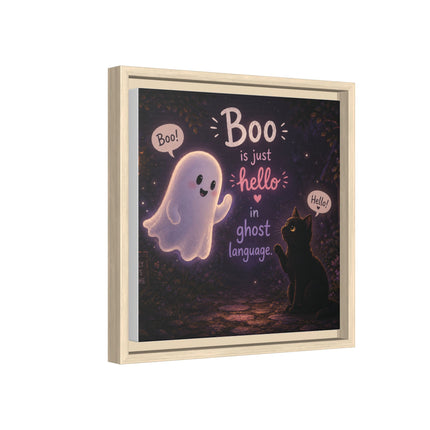 Framed Canvas Art - "Boo is Just Hello" Cute Ghost & Black Cat Halloween Print
