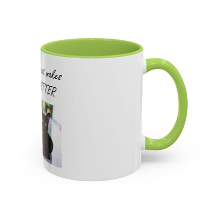 Cat Lover Accent Coffee Mug — "In my world, a cat makes everything BETTER" (11/15oz)