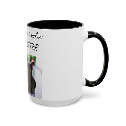 Black Cat Accent Ceramic Mug – “A Cat Makes Everything Better” – 15oz