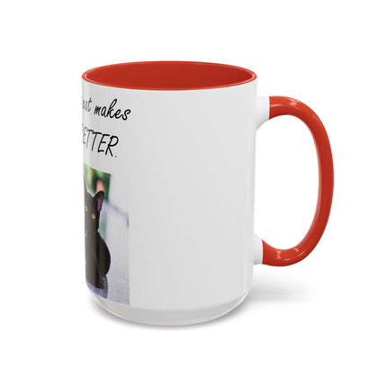 Black Cat Accent Ceramic Mug – “A Cat Makes Everything Better” – 15oz