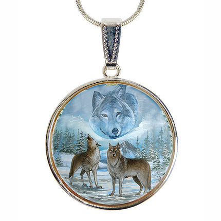 Sky Wolves Howling Silver Plated Mother of Pearl Jewelry Pendant Necklace - 44035-2