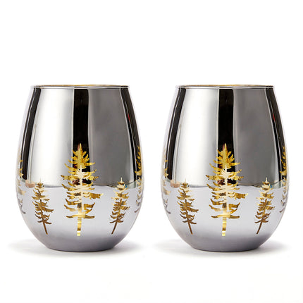 Crystal Christmas Tree Stemless Wine & Water Glasses - Set of 2 - Holiday Themed Vibrant Gold Etched Winter Snow Wonderland Frosted Glass, Perfect For Seasonal Parties, Gifts for Him & Her Trees Décor-0