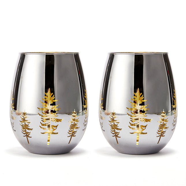 Crystal Christmas Tree Stemless Wine & Water Glasses - Set of 2 - Holiday Themed Vibrant Gold Etched Winter Snow Wonderland Frosted Glass, Perfect For Seasonal Parties, Gifts for Him & Her Trees Décor-0