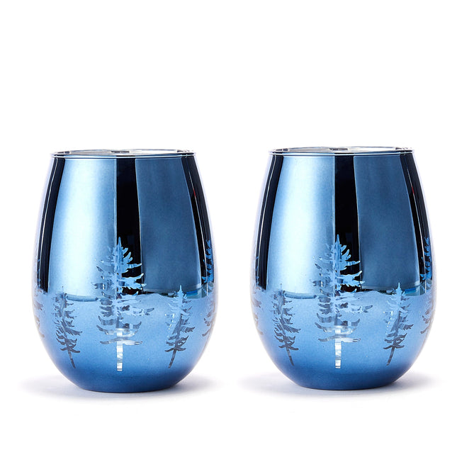 Crystal Christmas Tree Stemless Wine & Water Glasses - Set of 2 - Holiday Themed Vibrant Blue Etched Winter Snow Wonderland Frosted Glass, Perfect For Seasonal Parties, Gifts for Him & Her Trees Décor-0