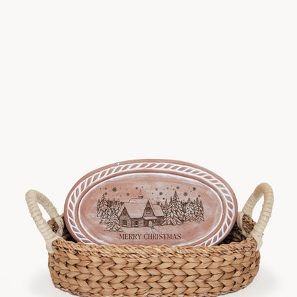 Bread Warmer & Basket - Christmas Village Oval-0
