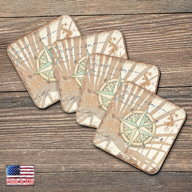 Compass Coastal Wooden Cork Coasters Gift Set of 4 by Nature Wonders - Coastal Sea-Life Decor - 8198620C-S4-0