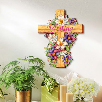 Floral Dove Blessing Wooden Cross by G. Debrekht - Easter Spring Decor - 88163-4