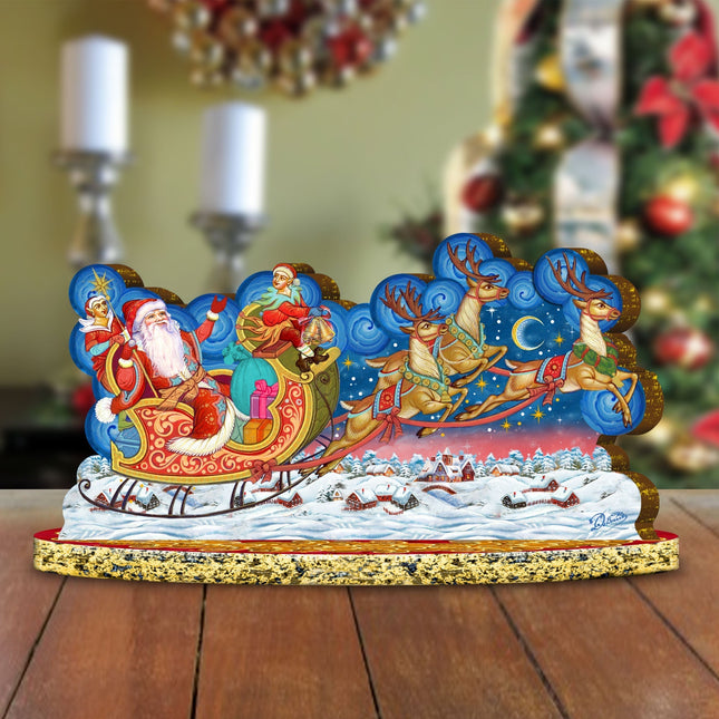 Santa Sleigh Ride with Reindeer Wooden Decor Tabletop Centerpiece by G DeBrekht - Christmas Snowman Decor - 89312-0