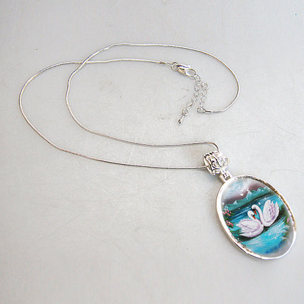 Swans in Love Silver Plated Mother of Pearl Jewelry Pendant Necklace - 44020-3