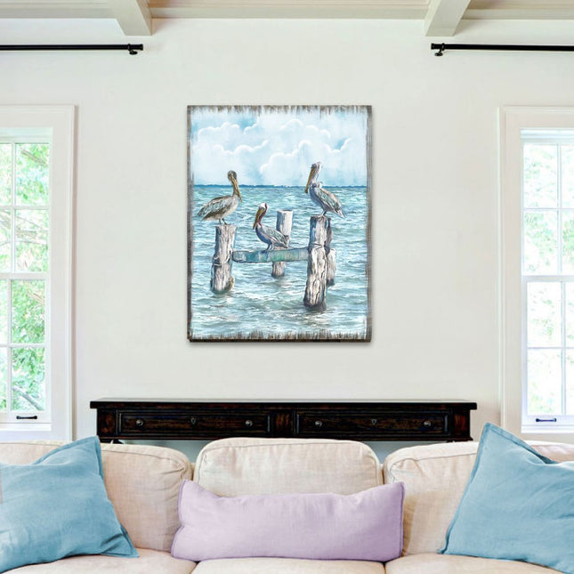 Waiting for a Catch Pelicans Wooden Coastal Wall Art by Nature Wonders - Coastal Sea-Life Decor - 95252-5B-0