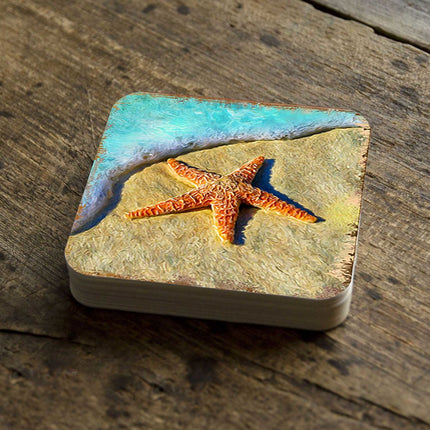 Starfish Coastal Wooden Cork Coasters Gift Set of 4 by Nature Wonders - Coastal Sea-Life Decor - 95253C-S4-2