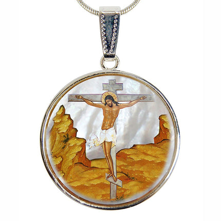 Crucifixion Silver Plated Mother of Pearl Jewelry Necklace - 43058-1