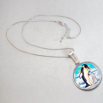 Love Coup[e Penguins Silver Plated Mother of Pearl Jewelry Pendant Necklace - 44033-2-3