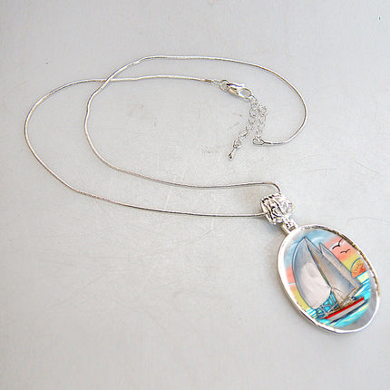 Sailboat Silver Plated Mother of Pearl Jewelry Pendant Necklace Coastal - 44043-1