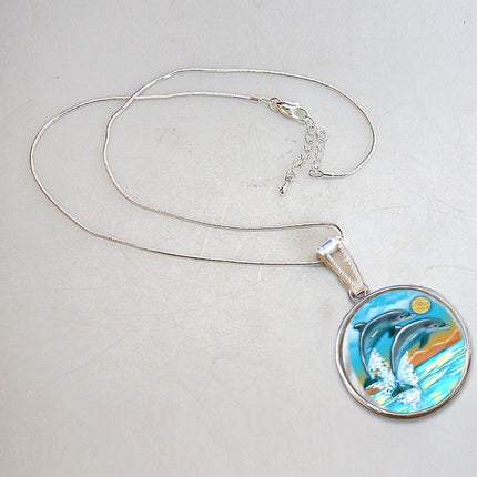 Flying Dolphins Silver Plated Jewelry Mother of Pearl Pendant Necklace - 44011-2