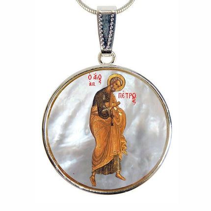 Saint Peter Small Oval Silver-Plated Mother of Pearl Necklace - 43042-1