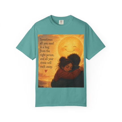 Hug Melt Away T-Shirt — Warm Sunset Illustration & Quote