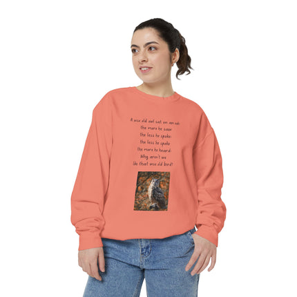 Poetic Owl Sweatshirt — Illustrated Owl Art with Poem Crewneck