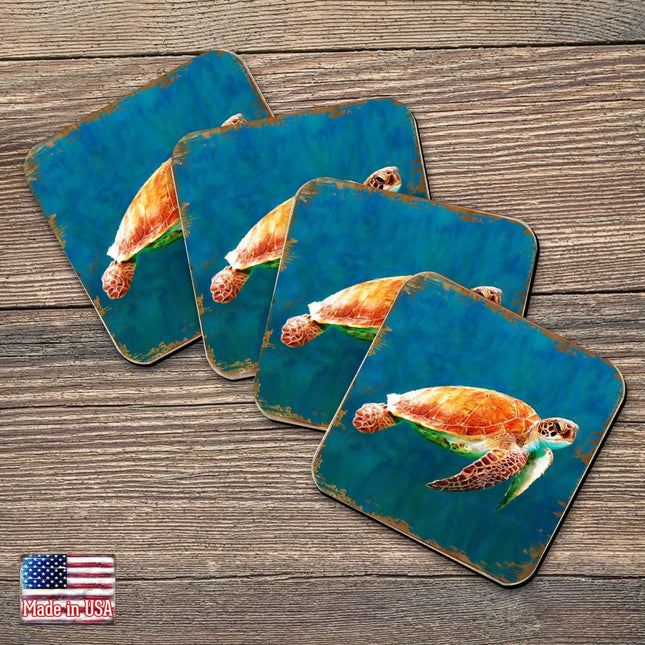 Sea Turtle Coastal Wooden Cork Coasters Gift Set of 4 by Nature Wonders - Coastal Sea-Life Decor - 95266C-S4-0