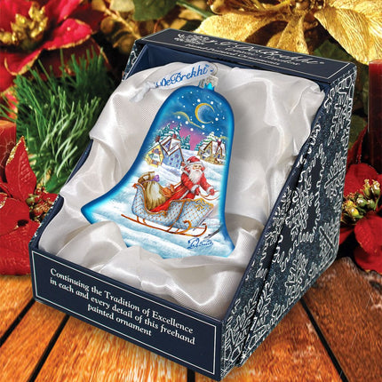 Santa Sleigh Bell Glass Ornament by G. DeBrekht - Christmas Santa Snowman Decor - 73341-3