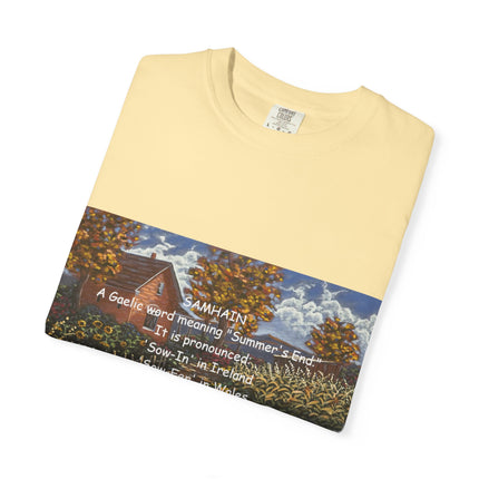 Samhain Harvest Tee — 'Samhain' Pronunciations + 'Pumpkin Spice' Autumn Humor