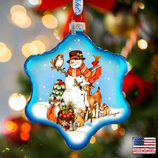 Night Forest Snowman Glass Ornament by Susan Winget - Christmas Santa and Snowman Decor - 754-201-SW-0