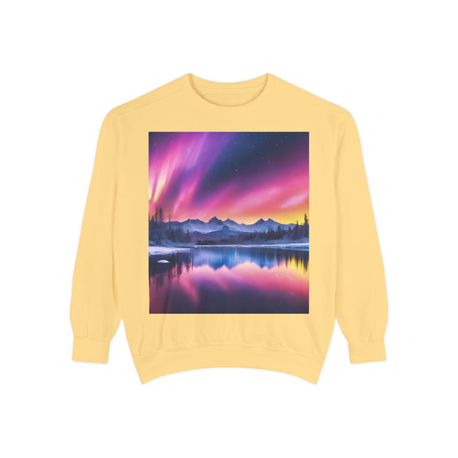 Aurora Lake Crewneck Sweatshirt — Colorful Northern Lights Landscape