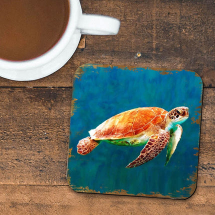 Sea Turtle Coastal Wooden Cork Coasters Gift Set of 4 by Nature Wonders - Coastal Sea-Life Decor - 95266C-S4-1