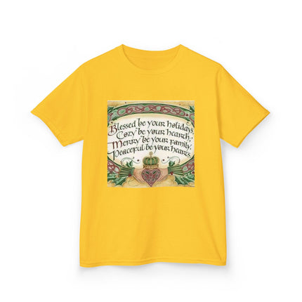 Blessed Holiday Kids Tee – Heart & Crown Celtic-Inspired Winter Shirt