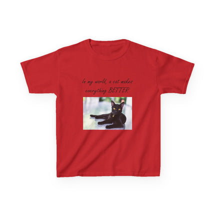 Kids Cat Lover Tee – “A Cat Makes Everything Better” – Heavy Cotton