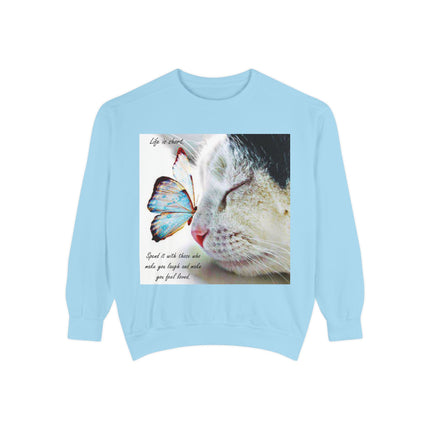 Life is Short Cat & Butterfly Unisex Garment-Dyed Sweatshirt