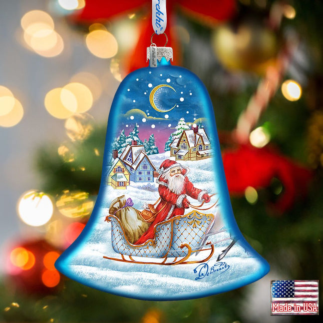 Santa Sleigh Bell Glass Ornament by G. DeBrekht - Christmas Santa Snowman Decor - 73341-0