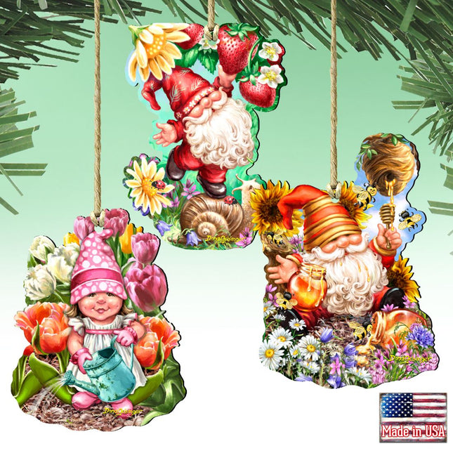 Gnomes Wooden Ornaments Set of 3 by Gelsinger - Christmas Santa Snowman Decor - 8461060-S3-DG-0