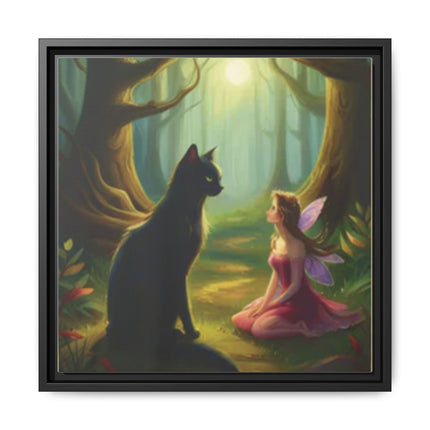 Framed matte canvas featuring a soft, painterly illustration of a fairy in a rose dress sitting across from a black cat in a quiet forest clearing.
