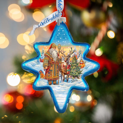 Santa with Reindeer Star Glass Ornament by G. Debrekht - Christmas Santa Snowman Decor - 755-050-1