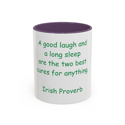 Irish Proverb Coffee Mug — "A good laugh and a long sleep" Accent Mug