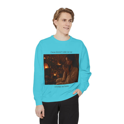 Cozy Candlelit Photo Sweatshirt — "Cacao doesn't wake me up... it brings me home"