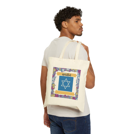 Happy Hanukkah Cotton Canvas Tote Bag — Colorful Dreidel Border & Star of David