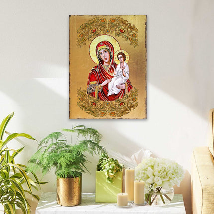Virgin Mary Directress Wooden Gold Plated Religious Orthodox Sacred Icon - Inspirational Icon Decor - 85029-2