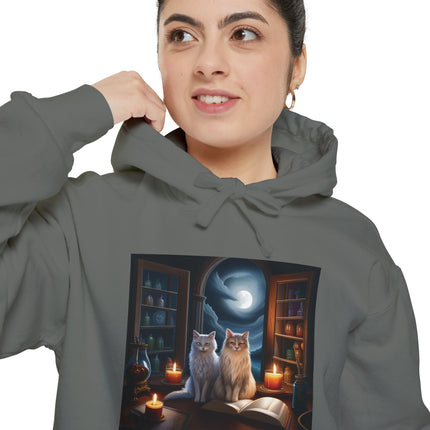 Mystic Cat Library Hoodie — Moonlit Cats, Candles & Spellbook Graphic Hoodie