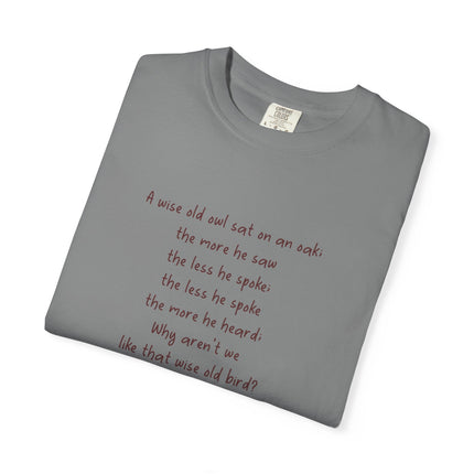 Poem & Owl Graphic T‑Shirt — 'A wise old owl...' Nature Poetry Tee