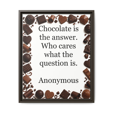 Framed matte canvas print featuring a square border of assorted chocolate illustrations surrounding the quote “Chocolate is the answer. Who cares what the question is.” on a white background