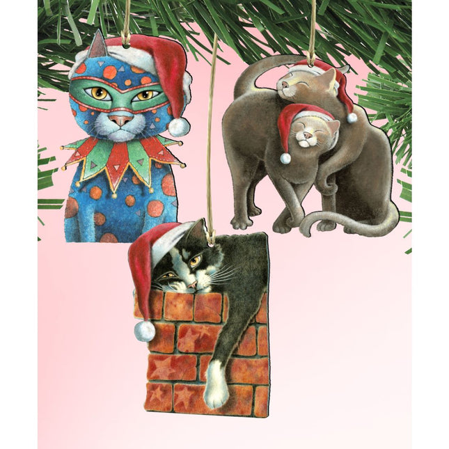 Party Cats Wooden Ornaments Set of 3 by Laura Seeley - Pets Dog and Cats Decor - 8100097S3-LS-0