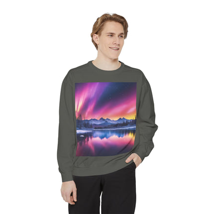 Aurora Lake Crewneck Sweatshirt — Colorful Northern Lights Landscape