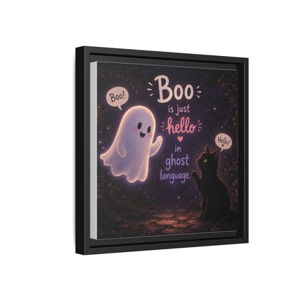 Framed Canvas Art - "Boo is Just Hello" Cute Ghost & Black Cat Halloween Print