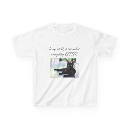 Kids Cat Lover Tee – “A Cat Makes Everything Better” – Heavy Cotton