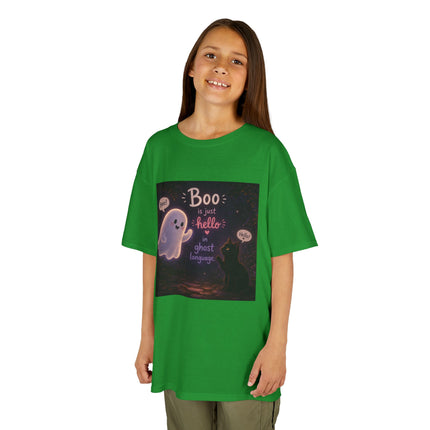 Kids Halloween Tee — "Boo: Hello Ghost Language" Cute Ghost Shirt