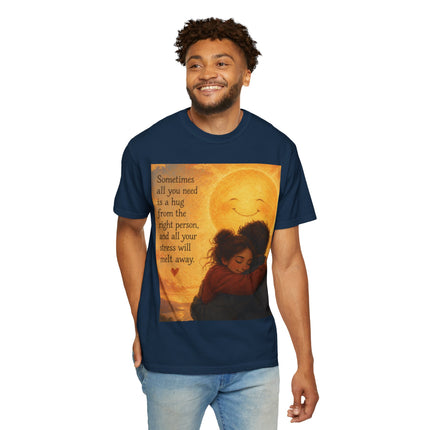Hug Melt Away T-Shirt — Warm Sunset Illustration & Quote